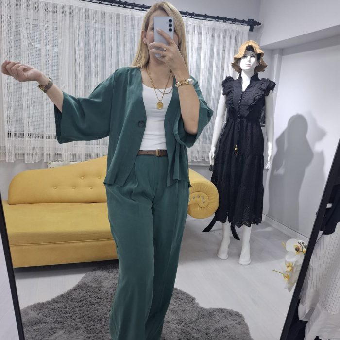 Yeşil Tensel Palazzo Tek Düğme Gömlek Takım